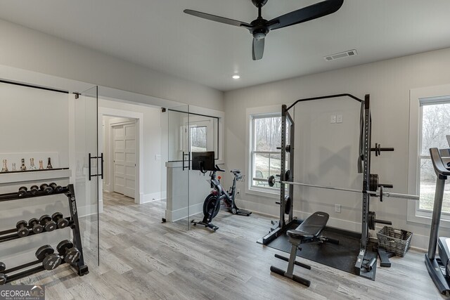 4621 Stanley Rd, Flowery Branch, GA 30542 - exercise area featuring wood finished floors, ceiling fan, baseboards, and healthy amount of natural light