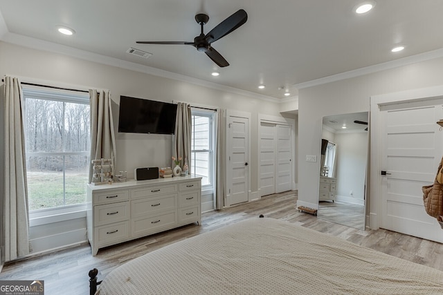 4621 Stanley Rd, Flowery Branch, GA 30542 - bedroom featuring crown molding, light wood-style floors, baseboards, recessed lighting, and ceiling fan