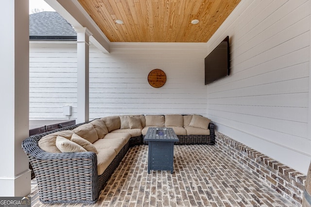 4621 Stanley Rd, Flowery Branch, GA 30542 - living room with brick flooring, wood ceiling, and wood walls