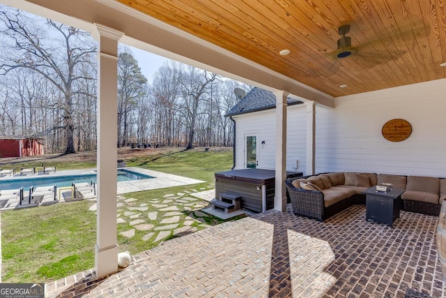 4621 Stanley Rd, Flowery Branch, GA 30542 - view of patio / terrace featuring a hot tub, an outdoor hangout area, an outdoor pool, and ceiling fan