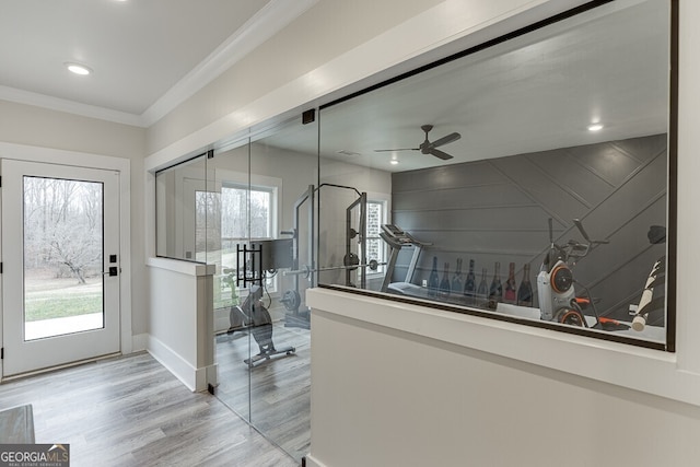 4621 Stanley Rd, Flowery Branch, GA 30542 - entrance foyer with ceiling fan, crown molding, wood finished floors, baseboards, and recessed lighting