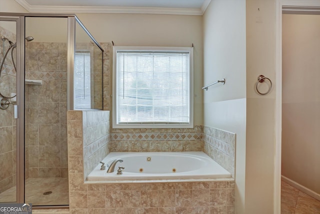 bathroom with a healthy amount of sunlight, tile patterned flooring, independent shower and bath, and crown molding