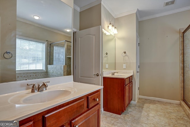 bathroom with tile patterned flooring, a shower with door, ornamental molding, and vanity