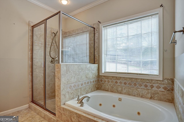 bathroom with independent shower and bath, tile patterned flooring, and crown molding