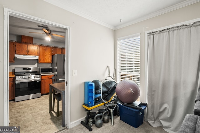 interior space featuring crown molding and a textured ceiling