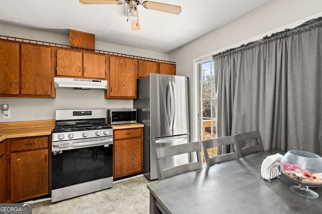 kitchen with appliances with stainless steel finishes and ceiling fan