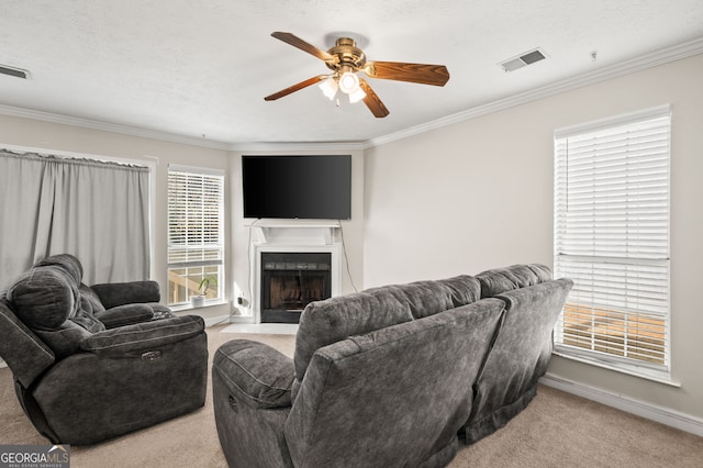 carpeted living room featuring crown molding, a textured ceiling, and ceiling fan