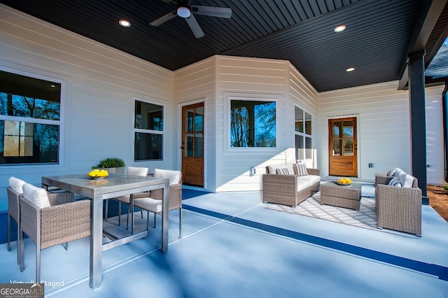 view of patio / terrace with outdoor lounge area, ceiling fan, and outdoor dining area