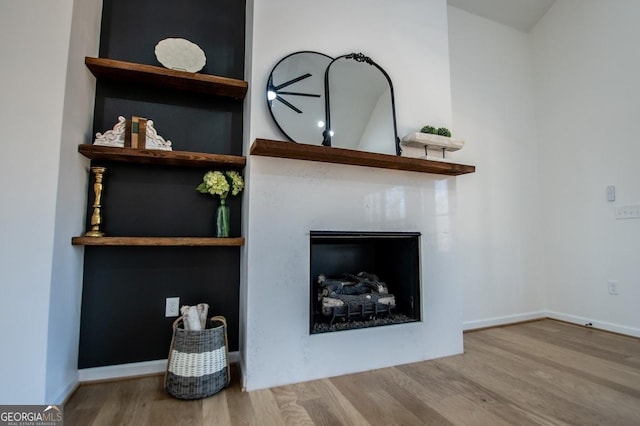 room details featuring a fireplace, wood finished floors, and baseboards