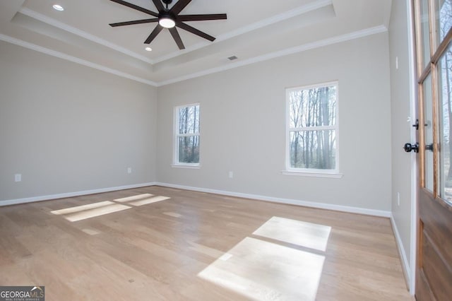 spare room featuring a wealth of natural light, a tray ceiling, baseboards, and wood finished floors