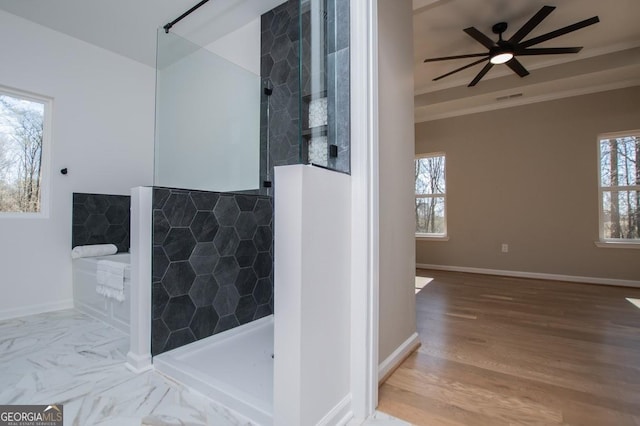 full bathroom with visible vents, baseboards, a walk in shower, and ornamental molding