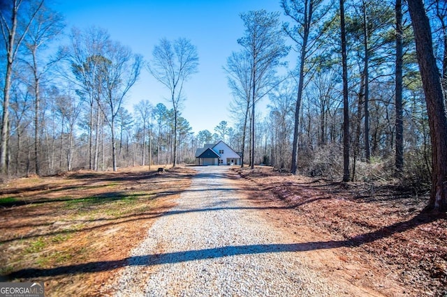 view of street featuring driveway and a wooded view