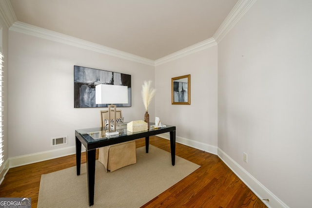 office space featuring dark hardwood / wood-style floors and ornamental molding