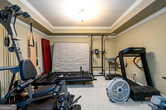 workout room with a raised ceiling and crown molding