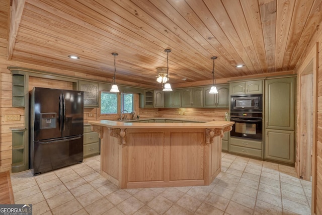 130 Stablegate Dr, Blairsville, GA 30512 - kitchen with black appliances, wooden ceiling, green cabinetry, a kitchen island, and open shelves
