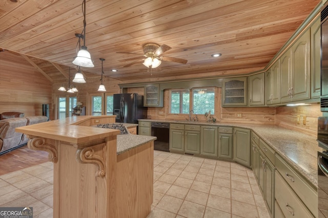 130 Stablegate Dr, Blairsville, GA 30512 - kitchen with black appliances, wood ceiling, a kitchen bar, glass insert cabinets, and a center island