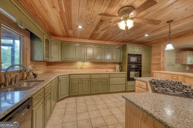 130 Stablegate Dr, Blairsville, GA 30512 - kitchen with black appliances, wooden ceiling, light tile patterned floors, decorative light fixtures, and a ceiling fan