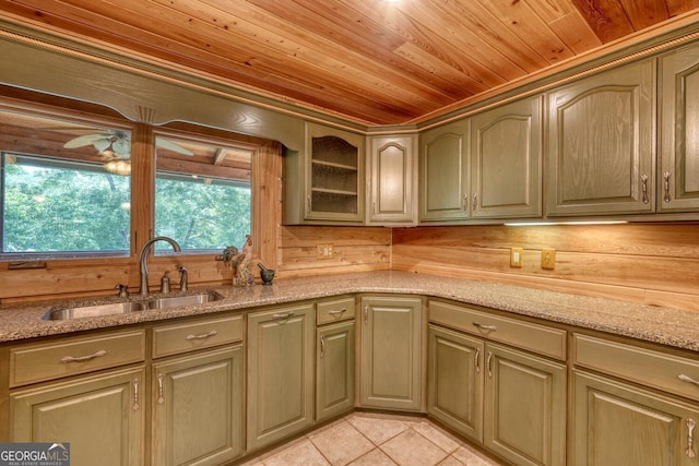 130 Stablegate Dr, Blairsville, GA 30512 - kitchen with wood ceiling, light tile patterned flooring, light stone counters, glass insert cabinets, and a ceiling fan