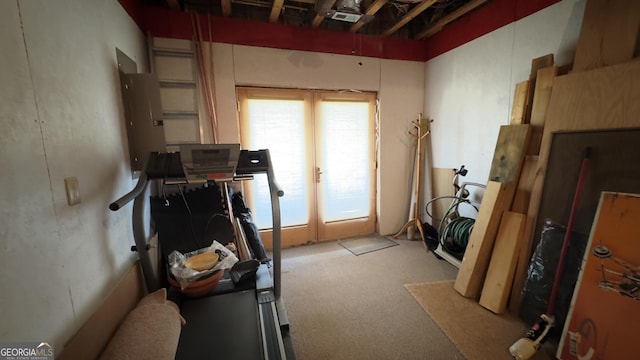 workout area featuring carpet floors and french doors