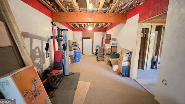 unfinished basement featuring carpet floors