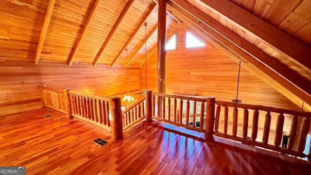 additional living space featuring wood ceiling, visible vents, vaulted ceiling with beams, and wooden walls