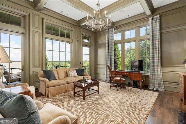 interior space with coffered ceiling, beam ceiling, a notable chandelier, and light wood-type flooring