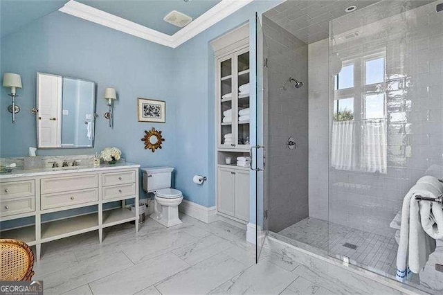 bathroom featuring toilet, a shower with door, crown molding, and vanity