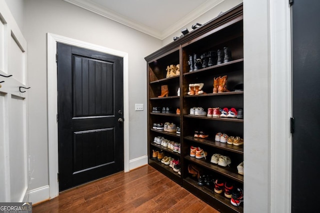 interior space featuring ornamental molding and dark wood-type flooring