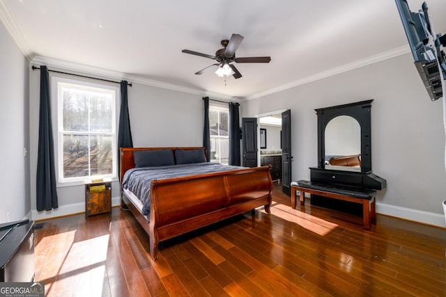 bedroom with multiple windows, ornamental molding, dark wood-type flooring, and ceiling fan