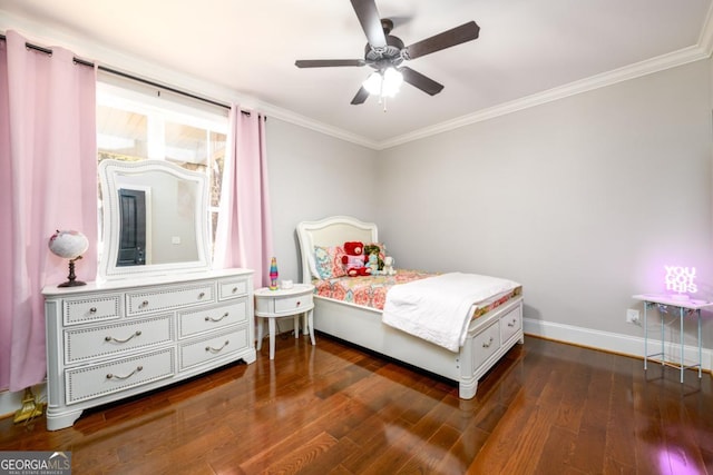 bedroom featuring dark hardwood / wood-style flooring, ornamental molding, and ceiling fan