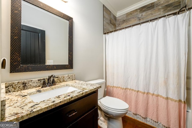 bathroom featuring vanity, ornamental molding, toilet, and a shower with curtain