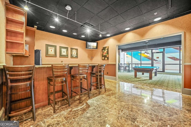 bar featuring a drop ceiling and pool table