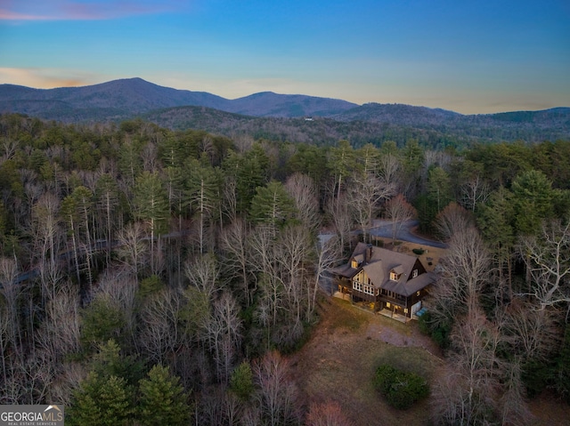 drone / aerial view with a forest view and a mountain view