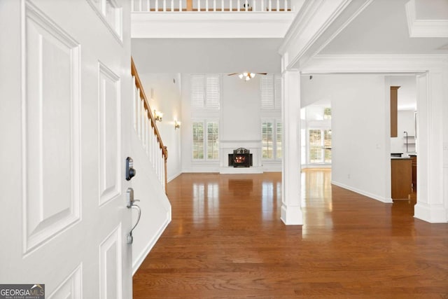 entrance foyer featuring a high ceiling, dark hardwood / wood-style flooring, and ornamental molding