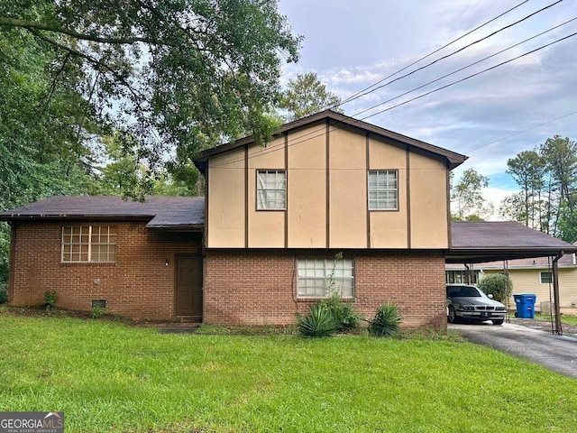 view of property exterior with a lawn and a carport