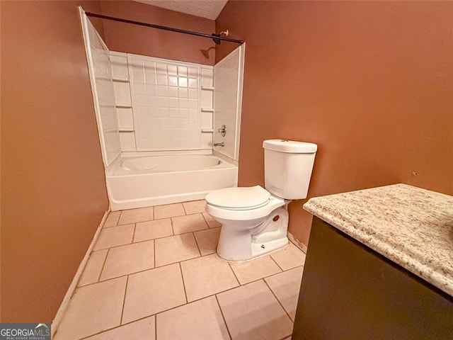 full bathroom featuring toilet, shower / bath combination, tile patterned floors, a textured ceiling, and vanity