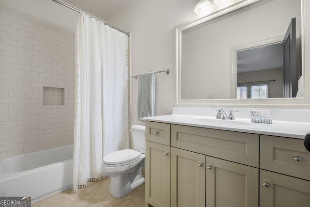 full bathroom with tile patterned flooring, vanity, shower / tub combo with curtain, and toilet