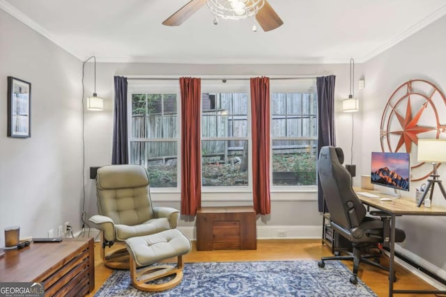 785 Ponce De Leon Pl NE Unit 8, Atlanta, GA 30306 - office area with wood finished floors, a ceiling fan, and ornamental molding