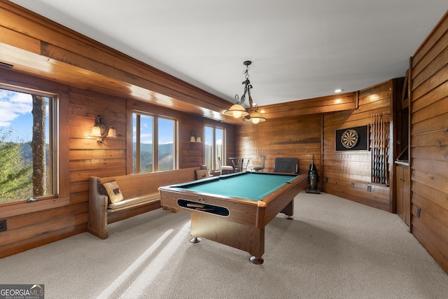 playroom featuring light colored carpet, billiards, and wooden walls