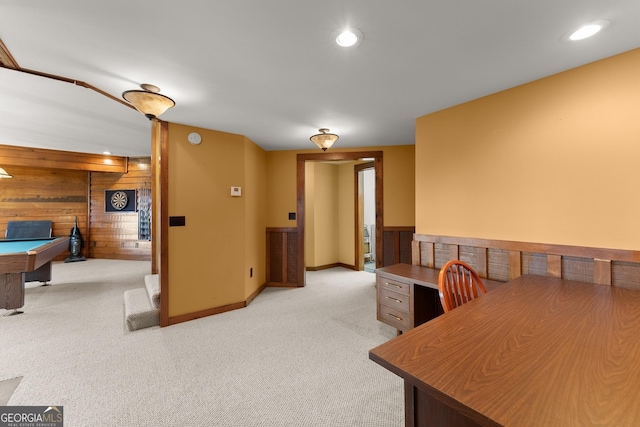 office area featuring wood walls, light colored carpet, and billiards