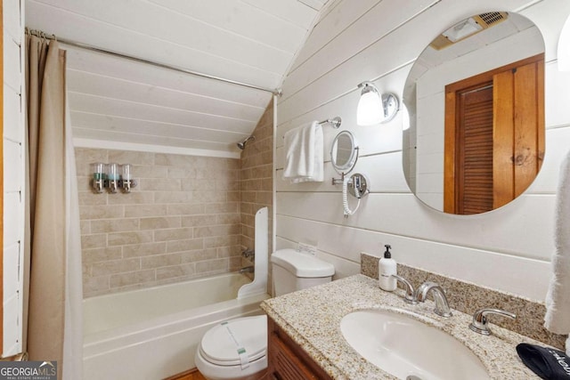 full bathroom with toilet, wooden walls, vanity, shower / bathtub combination with curtain, and lofted ceiling