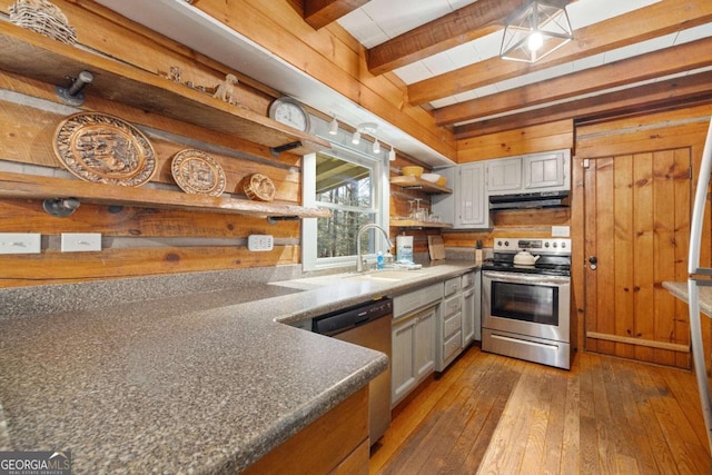 kitchen featuring sink, stainless steel appliances, wood walls, and light wood-type flooring