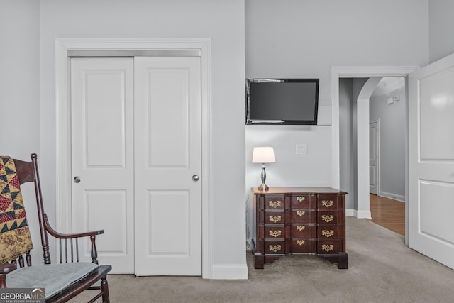 living area with light colored carpet