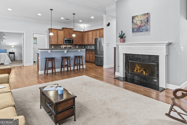 living room with hardwood / wood-style floors, ornamental molding, and a premium fireplace