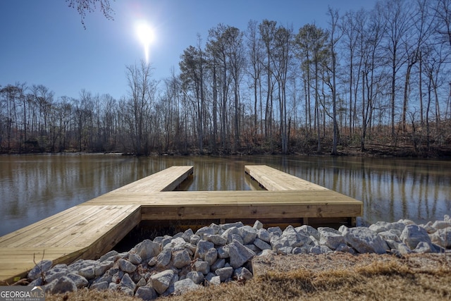 dock area with a water view and a view of trees