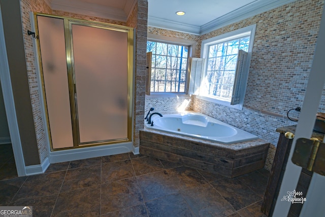 bathroom featuring crown molding and plus walk in shower