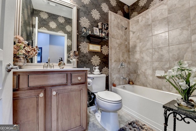 full bathroom featuring bathtub / shower combination, toilet, tile patterned floors, and vanity