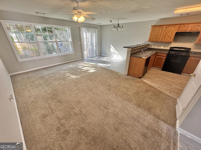 kitchen with ceiling fan with notable chandelier, sink, black / electric stove, and light carpet