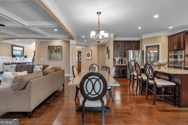 dining area featuring crown molding, beam ceiling, decorative columns, coffered ceiling, and dark hardwood / wood-style flooring