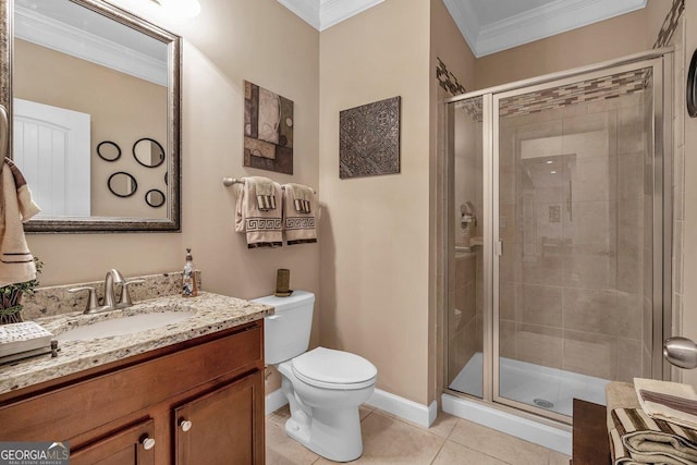 bathroom with ornamental molding, tile patterned floors, and walk in shower